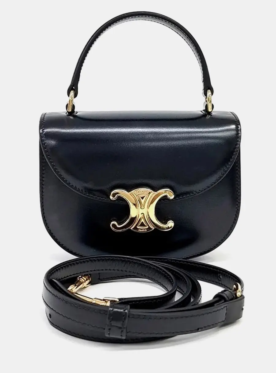 Celine Clea Mini Besace Black Shiny Calfskin Leather Top Handle Bag
