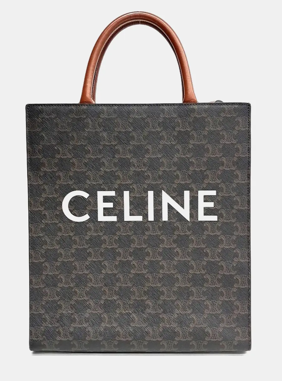 Celine Cabas Vertical Small Tan Coated Canvas Leather Tote Bag