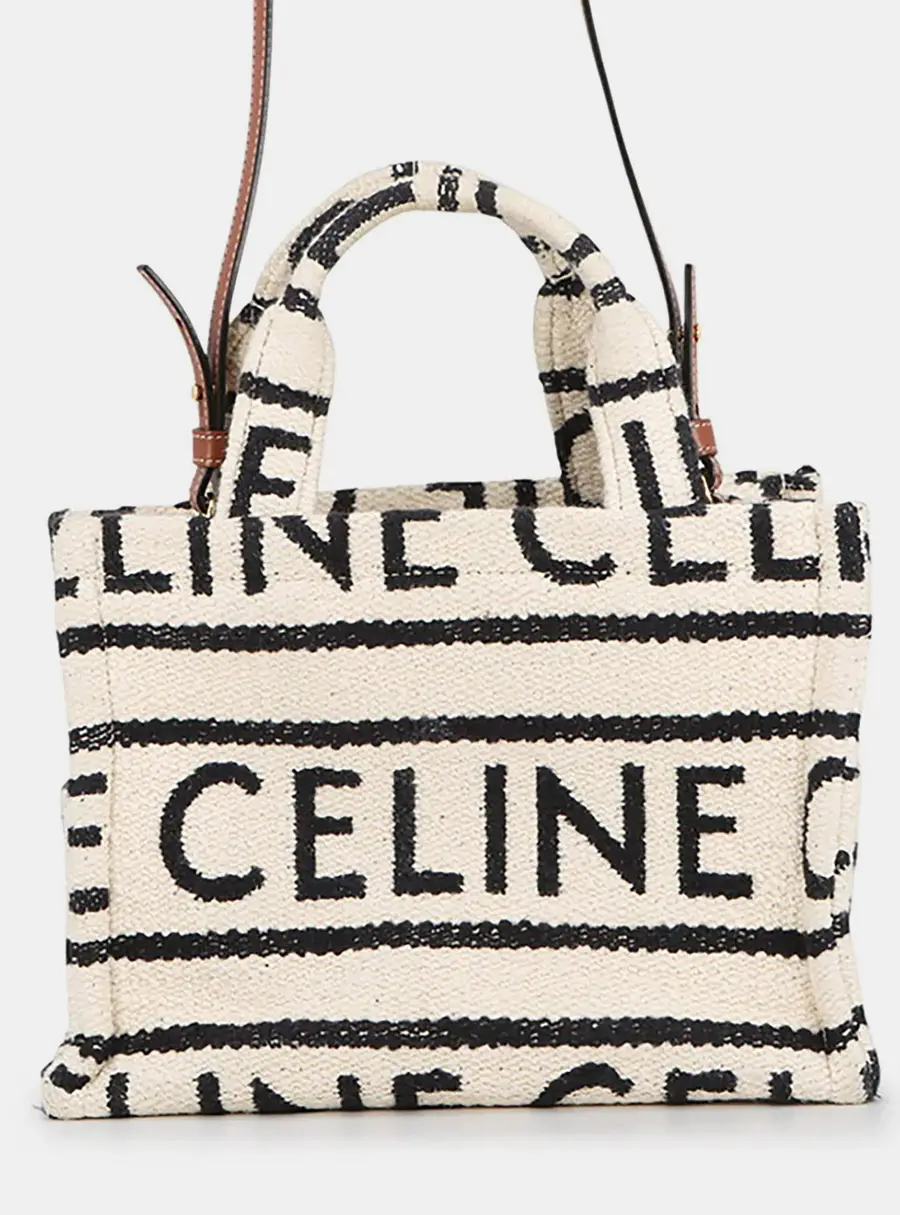 Celine Cabas Thais Small White Black Cotton Leather Top Handle Bag