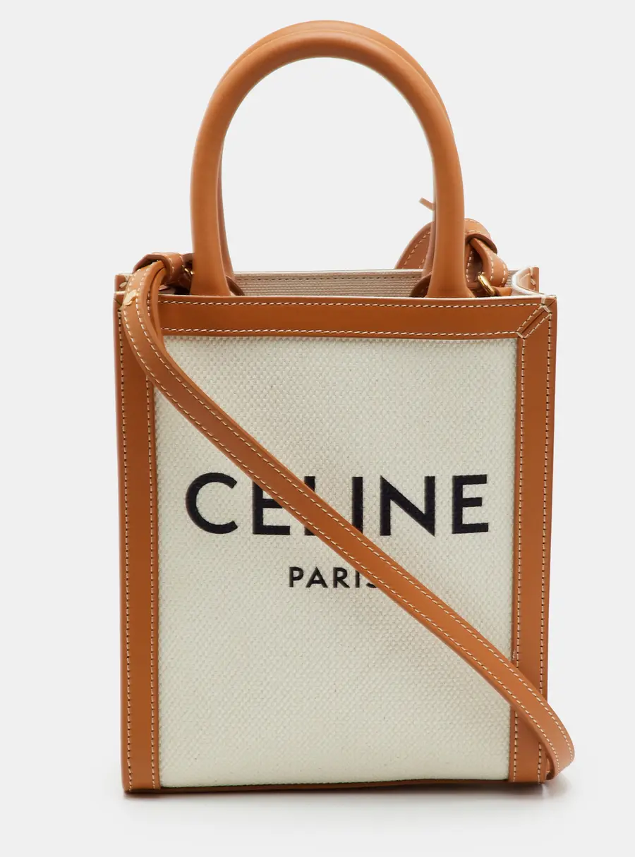 Celine Cabas Mini Tan/White Canvas and Leather Vertical Tote