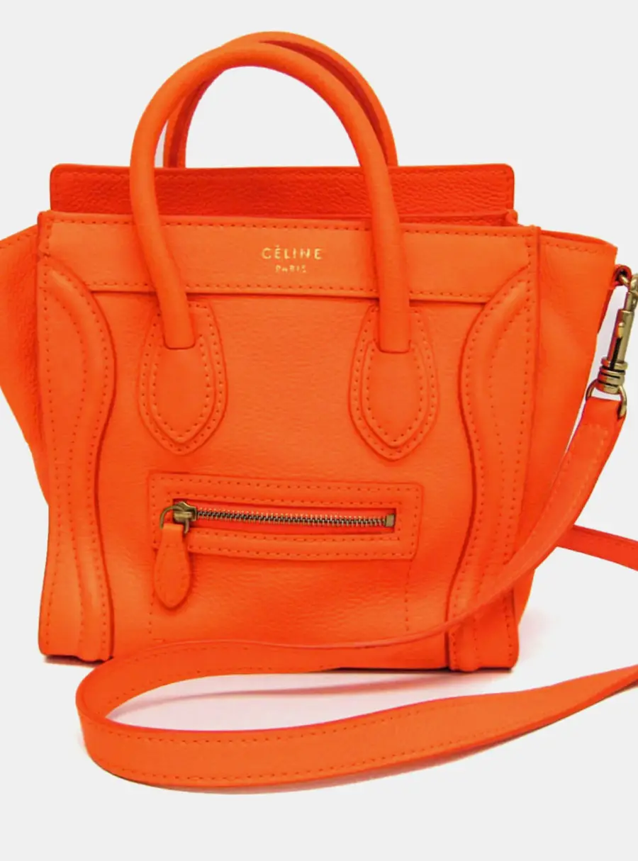 Celine Luggage Nano Neon Orange Drummed Calfskin Leather Shoulder Bag