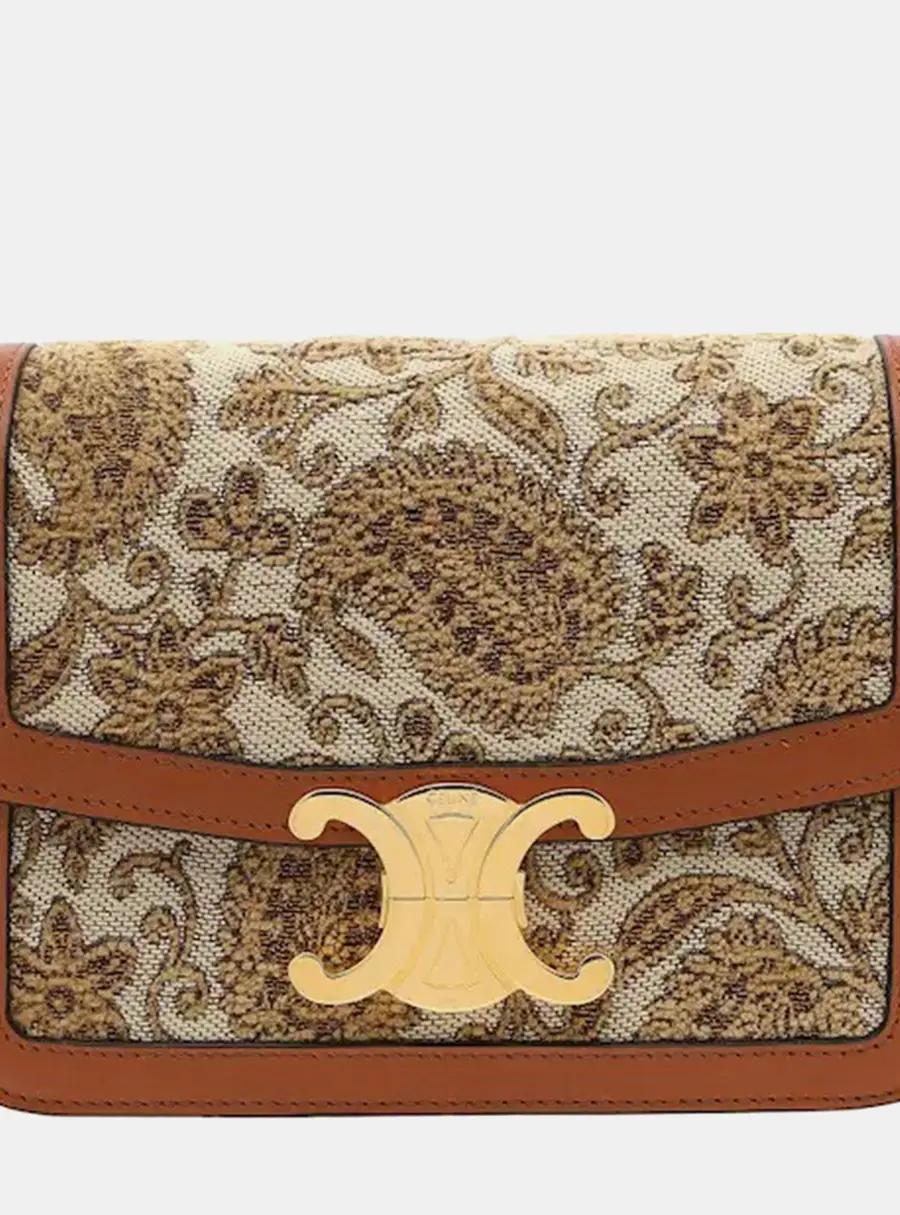 Celine Small Triomphe Shoulder Bag Textile Jacquard Tan Calfskin Leather Shoulder Bag