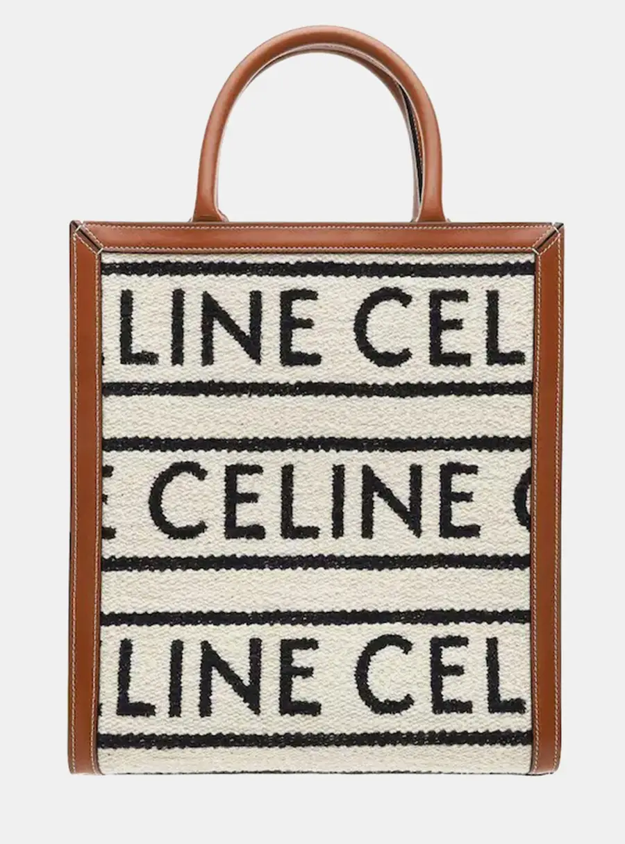 Celine Vertical Cabas Small Tan Striped Textile Calfskin Leather Tote Bag