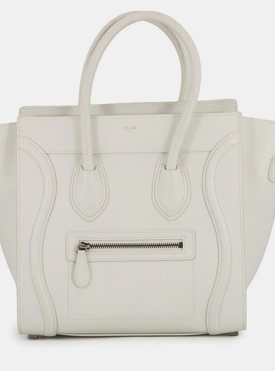 Celine Luggage Micro White Grained Leather Top Handle Bag