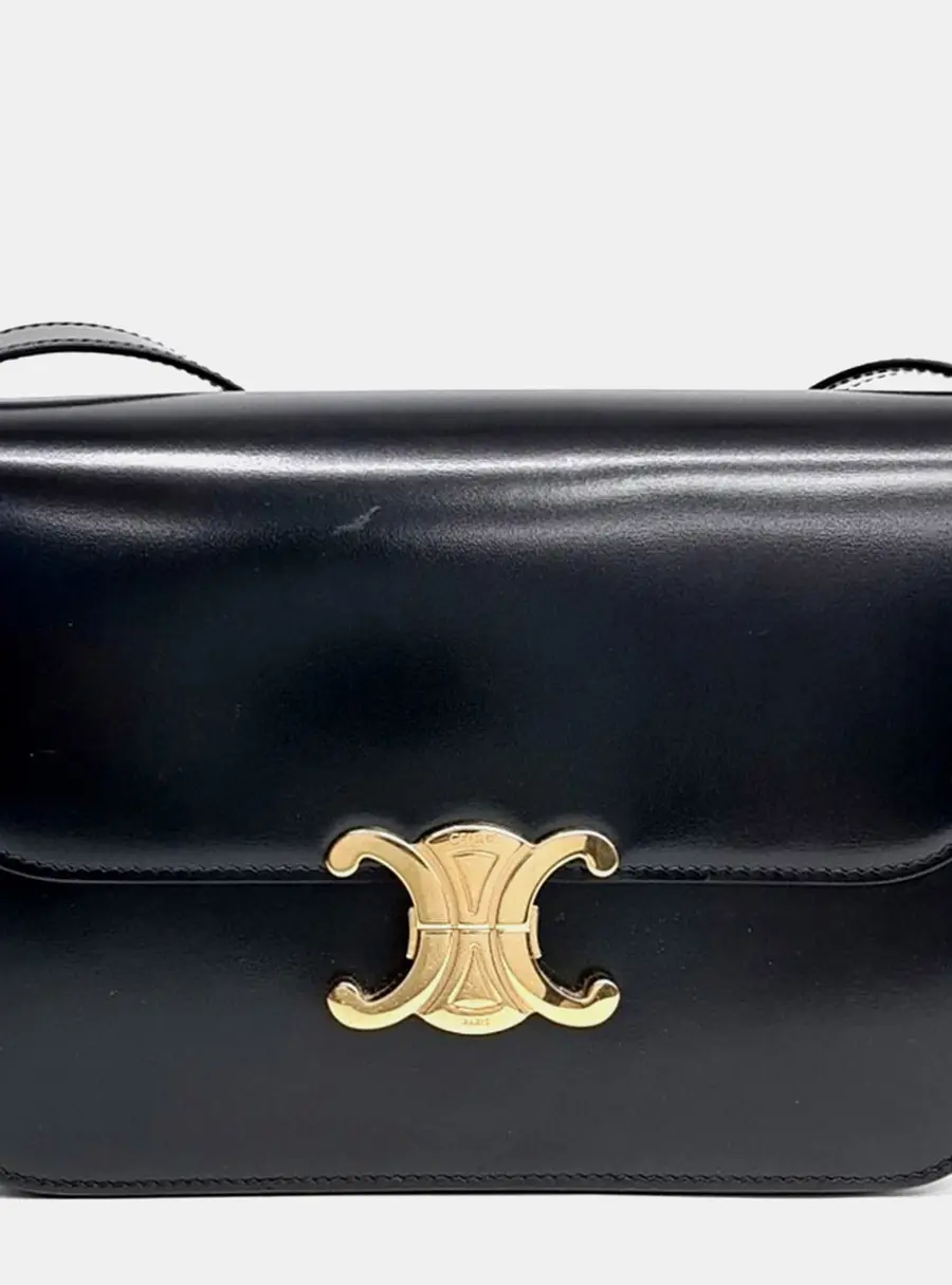 Celine Triomphe Medium Black Calfskin Leather Shoulder Bag