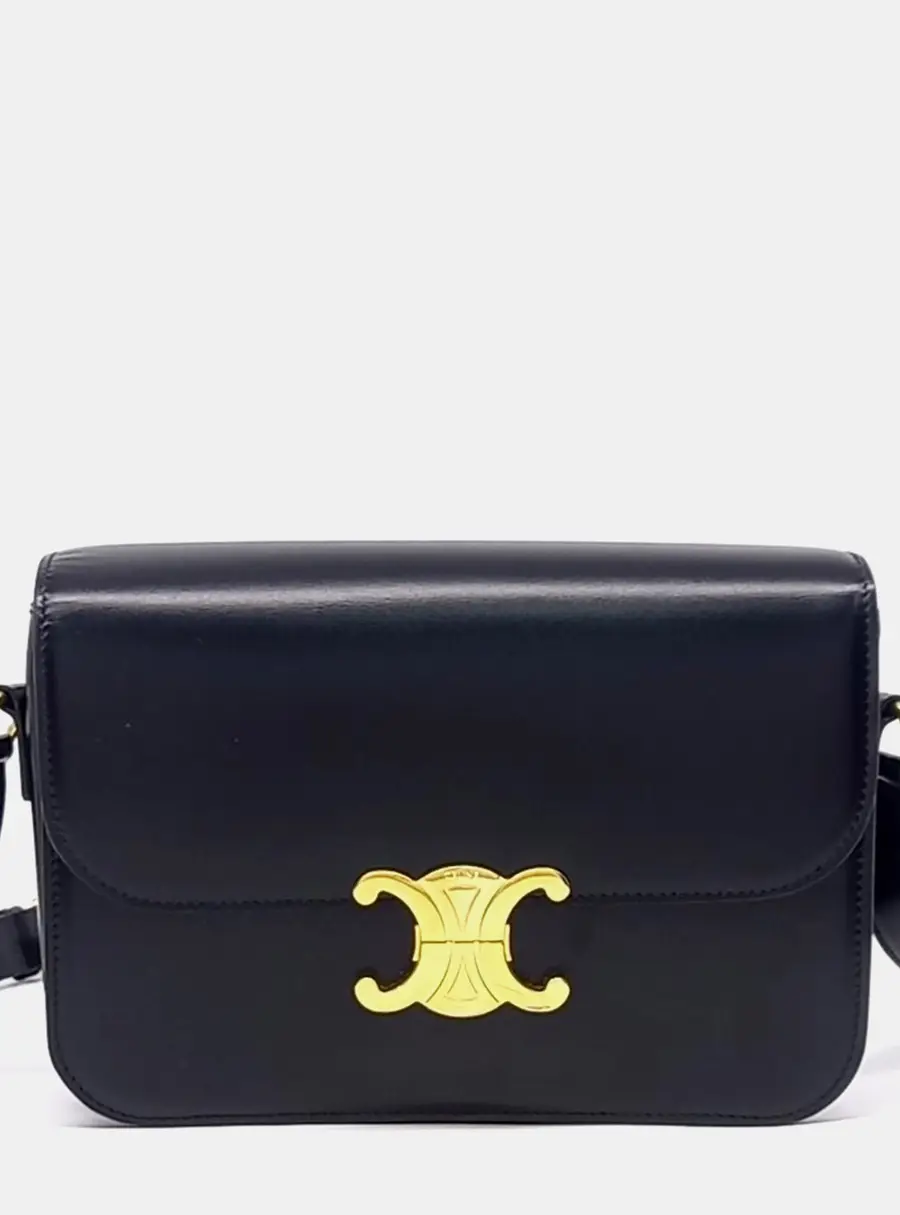 Celine Triomphe Medium Black Calfskin Leather Crossbody Bag