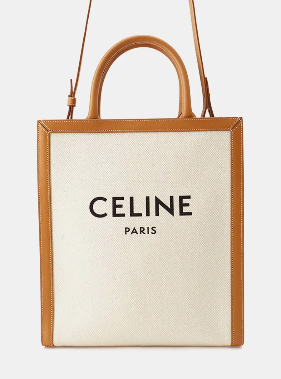 Celine Vertical Cabas Small Beige Brown Canvas Leather Top Handle Bag