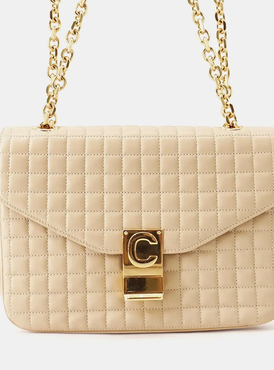 Celine C Medium Beige Quilted Leather Shoulder Bag
