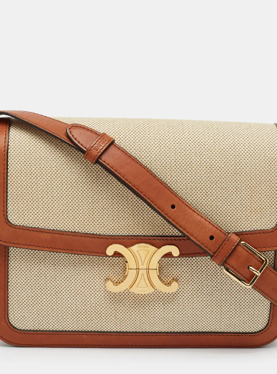 Celine Triomphe Flap Tan/Beige Canvas and Leather Shoulder Bag