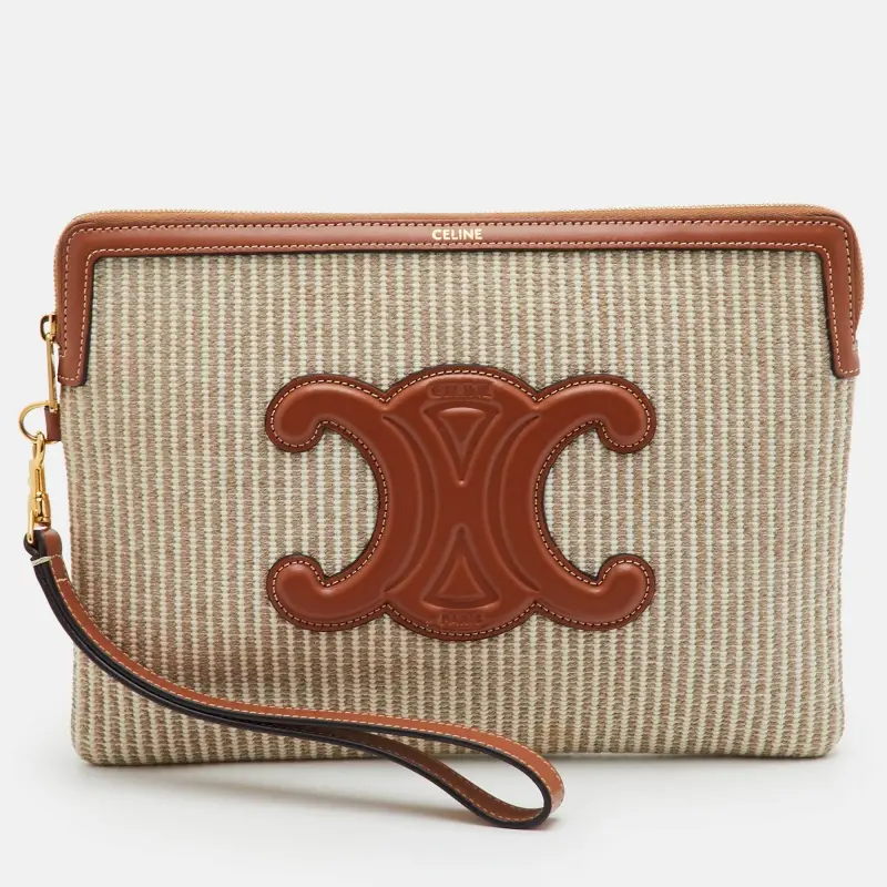 Celine Triumph Small Beige/Tan Canvas and Leather Wristlet Pouch