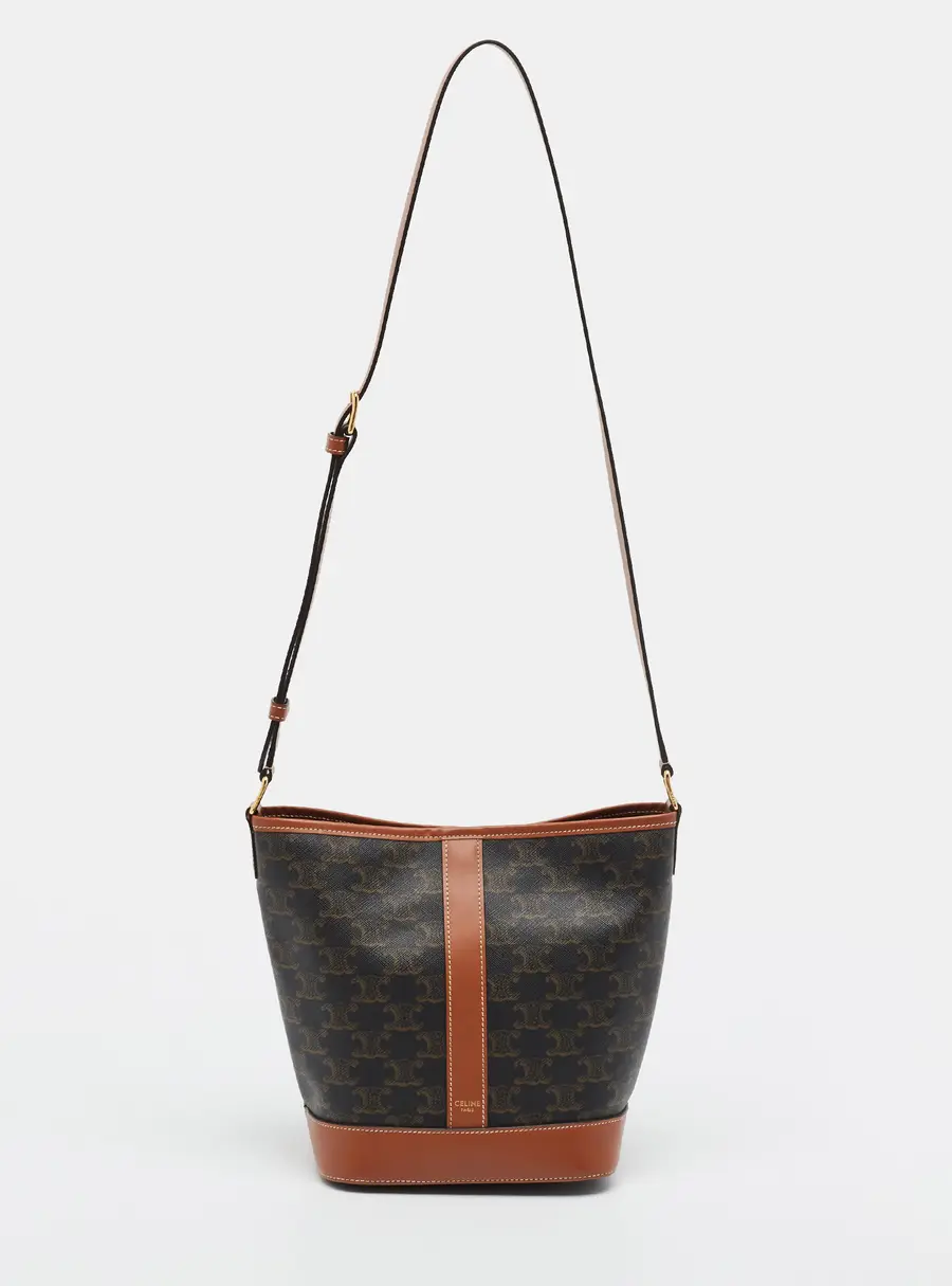 Celine Triomphe Small Tan/Dark Brown Coated Canvas and Leather Bucket Bag