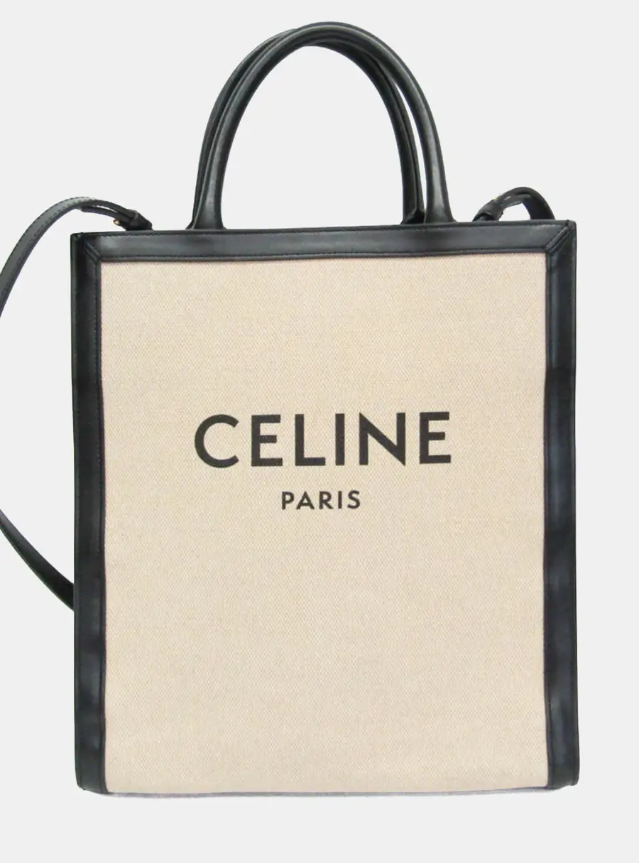 Celine Small Vertical Cabas Beige Black Canvas Leather Tote Bag