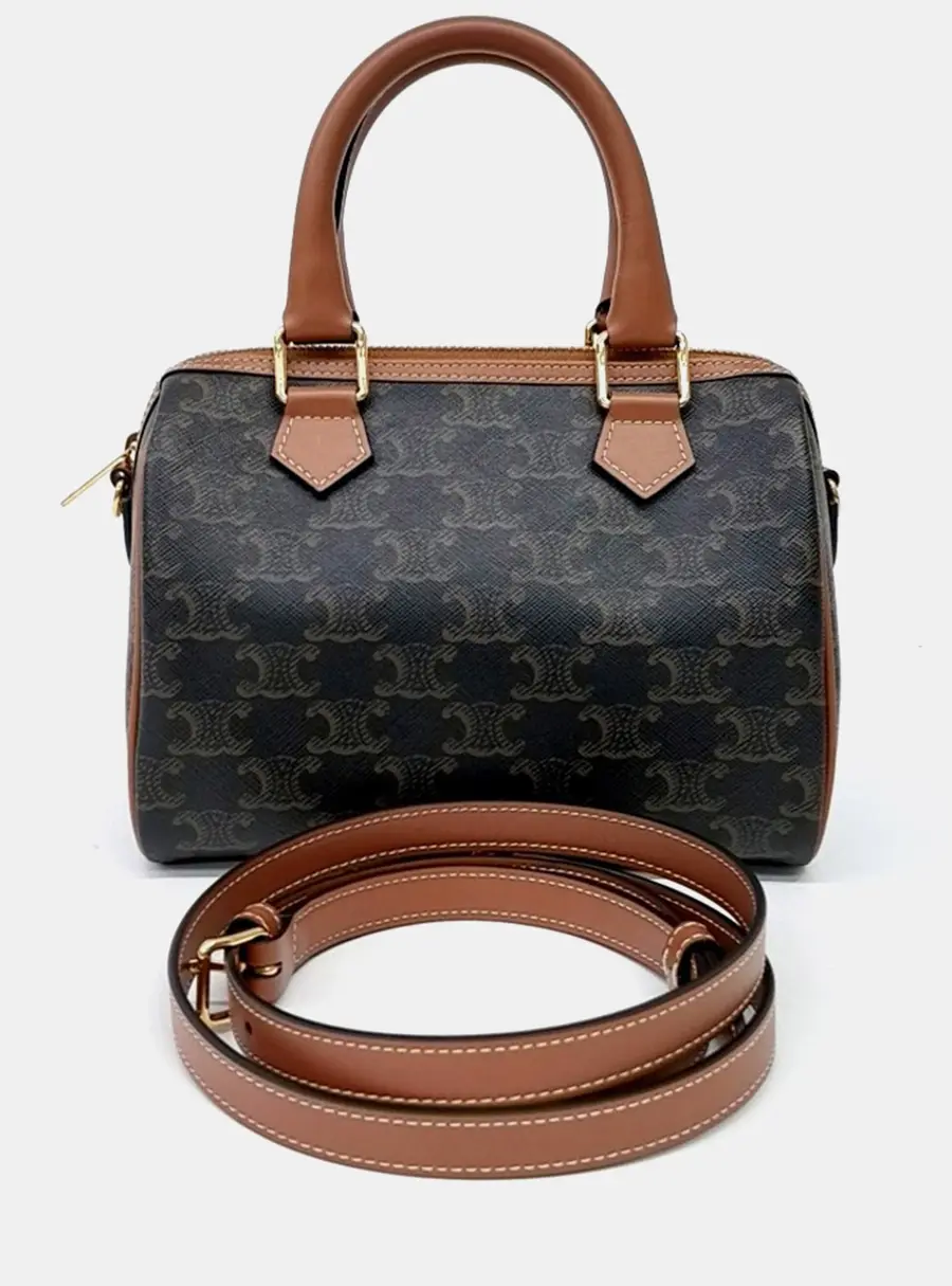 Celine Brown Coated Canvas Triumph Boston Bag Small
