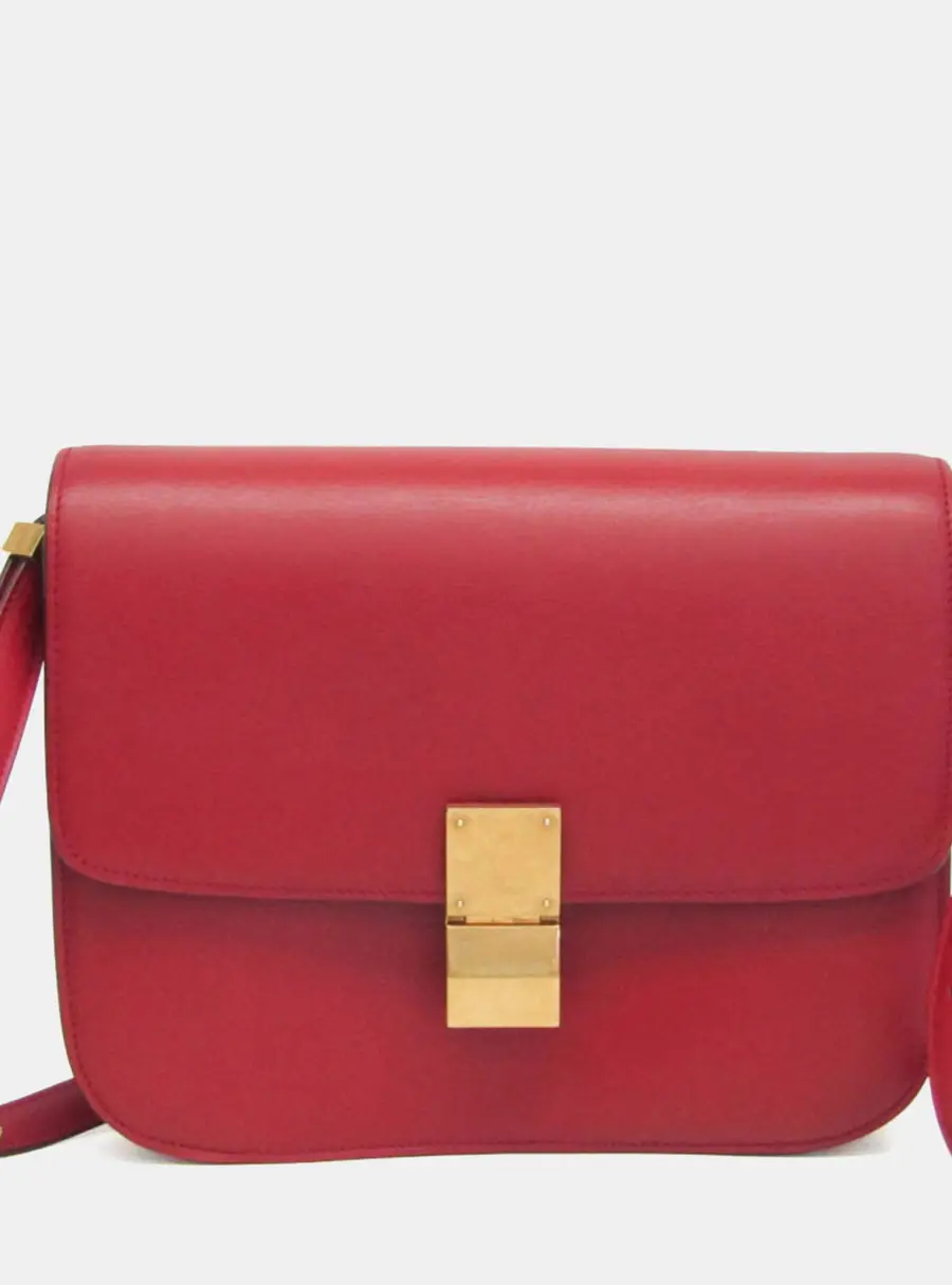 Celine Classic Box Medium Red Box Calfskin Leather Shoulder Bag