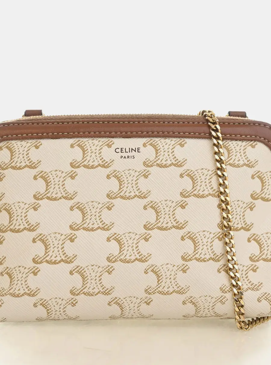 Celine Clutch On Chain Mini White Triomphe Canvas Lambskin Shoulder Bag