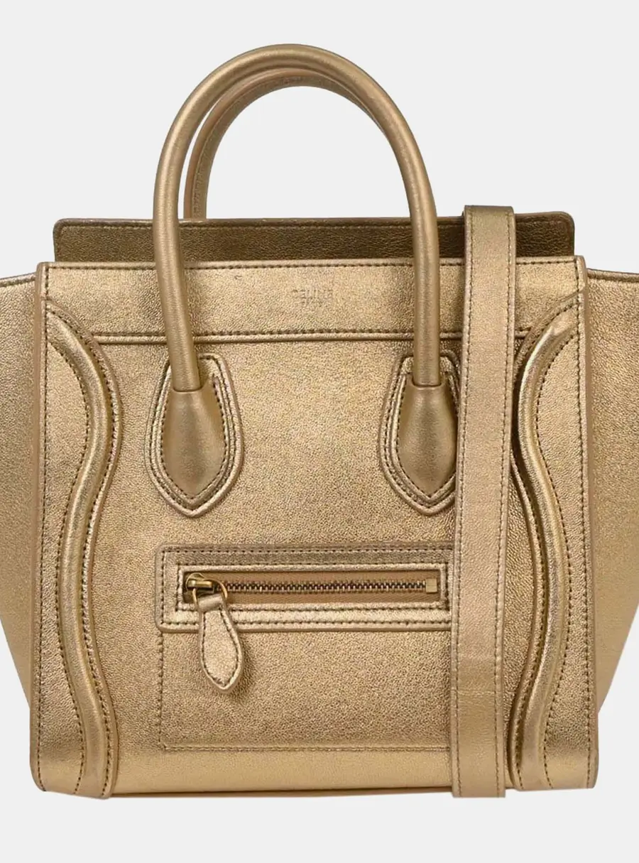 Celine Nano Luggage Gold Metallic Laminated Lambskin Leather Crossbody Bag