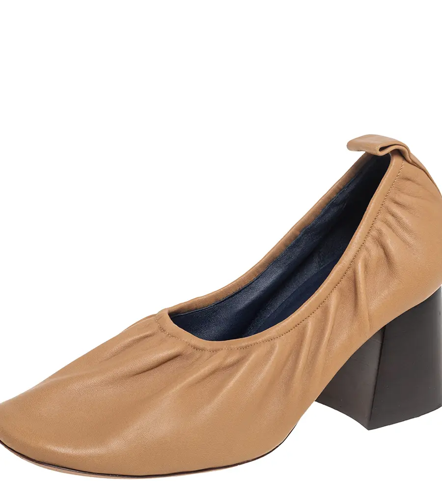 Celine Beige Leather Scrunch Ballerina Block Heel Pumps Size 39