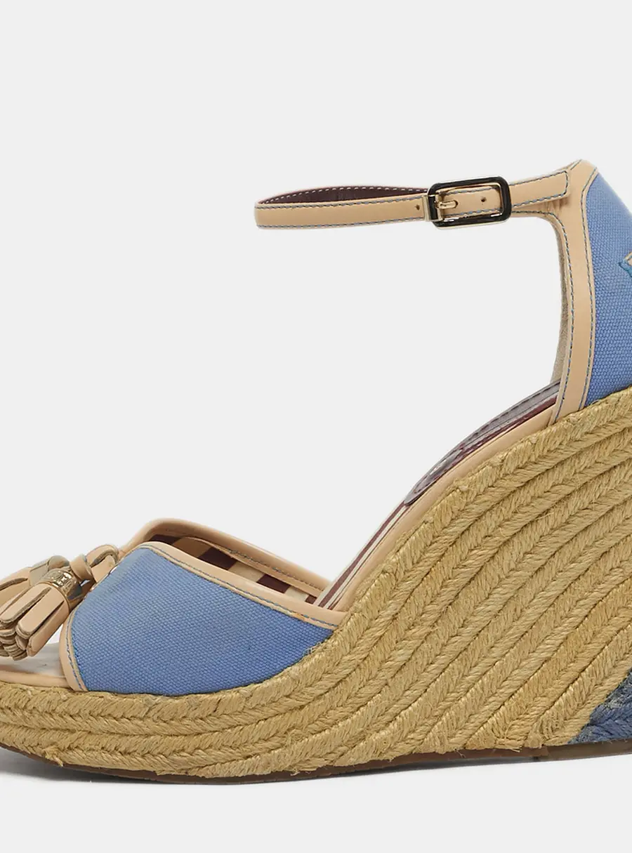 Celine Size 40 Blue/Beige Canvas Tassel Espadrille Platform Wedge Sandals