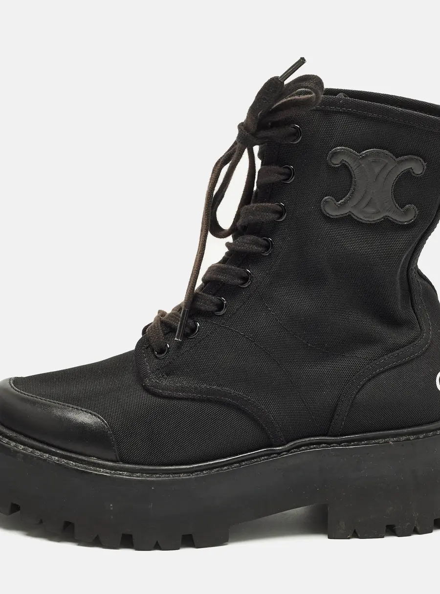 Celine Size 36 Black Canvas and Leather Combat Boots