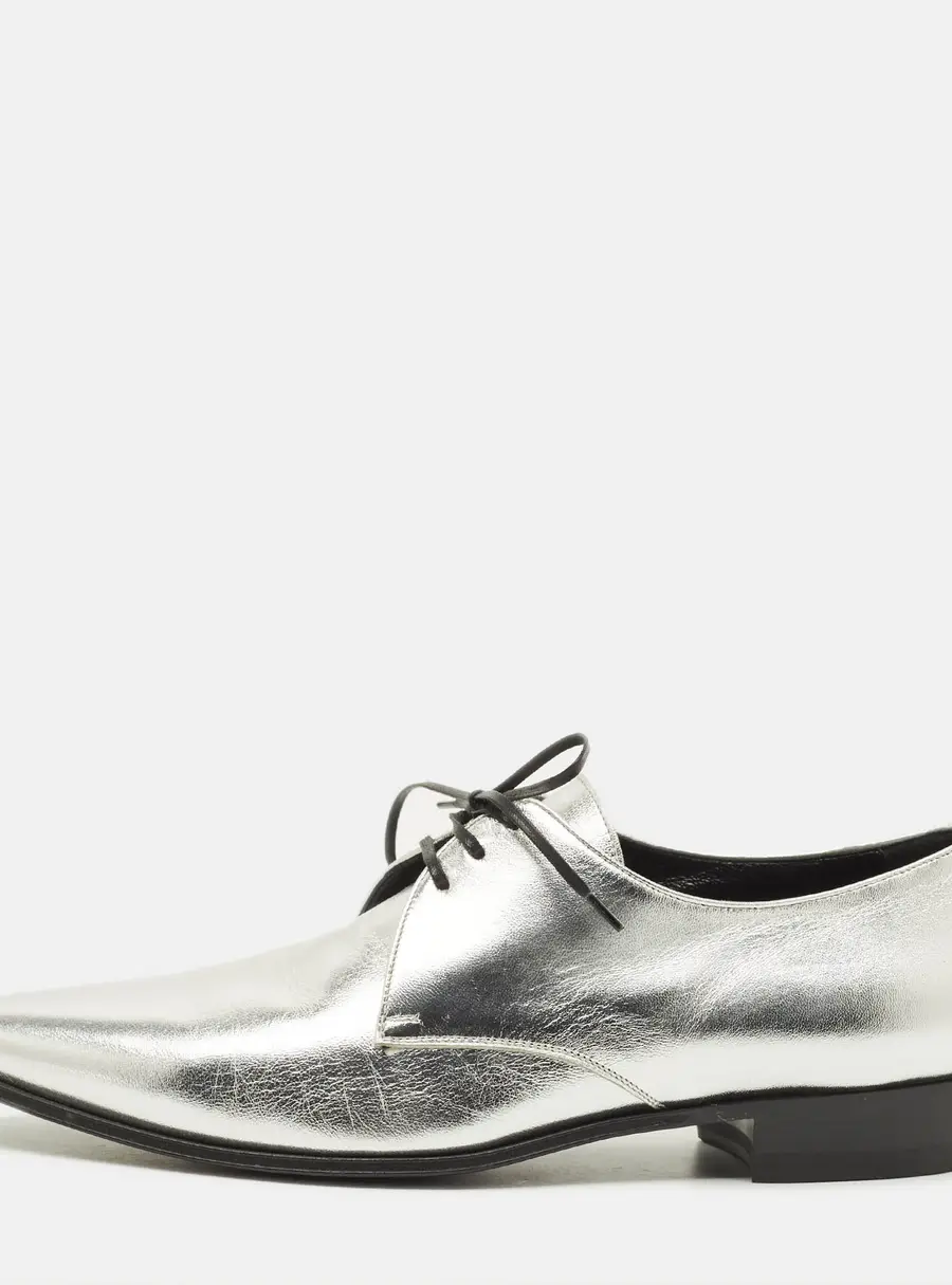 Celine Size 39 Metallic Silver Leather Lace Up Oxfords