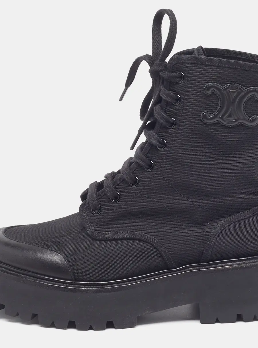 Celine Size 39 Black Canvas and Leather Combat Boots