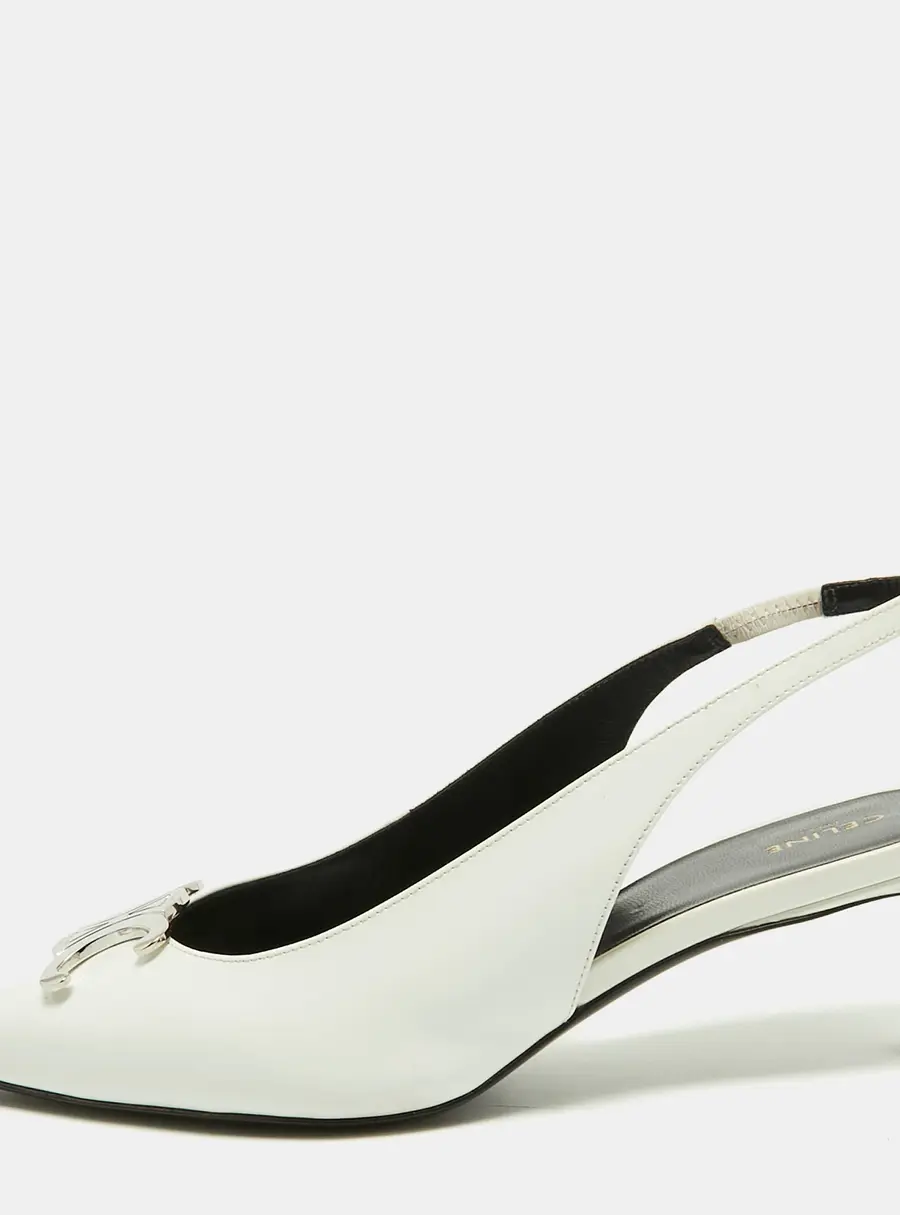 Celine Triomphe Size 37 White Patent Leather Alma Pointed Toe Slingback Pumps
