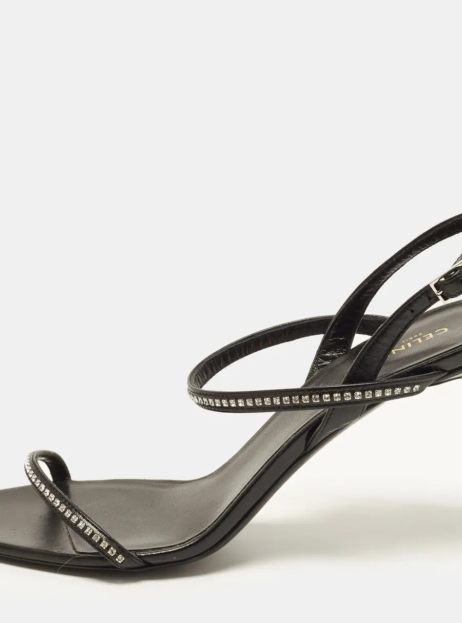 Celine Size 37 Black Leather Crystal Embellished Slingback Sandals