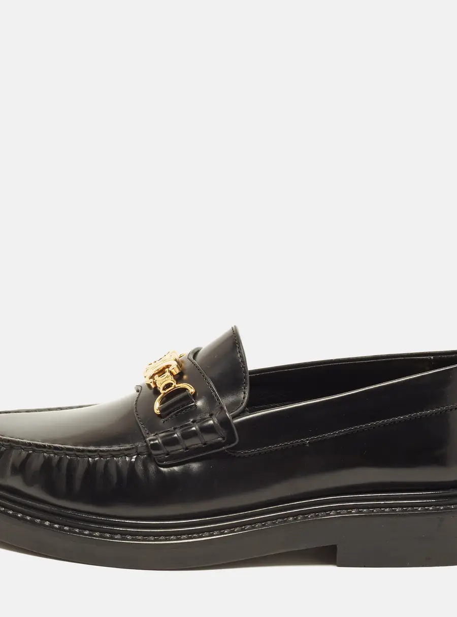Celine Triomphe Size 37 Black Leather Chain Loafers