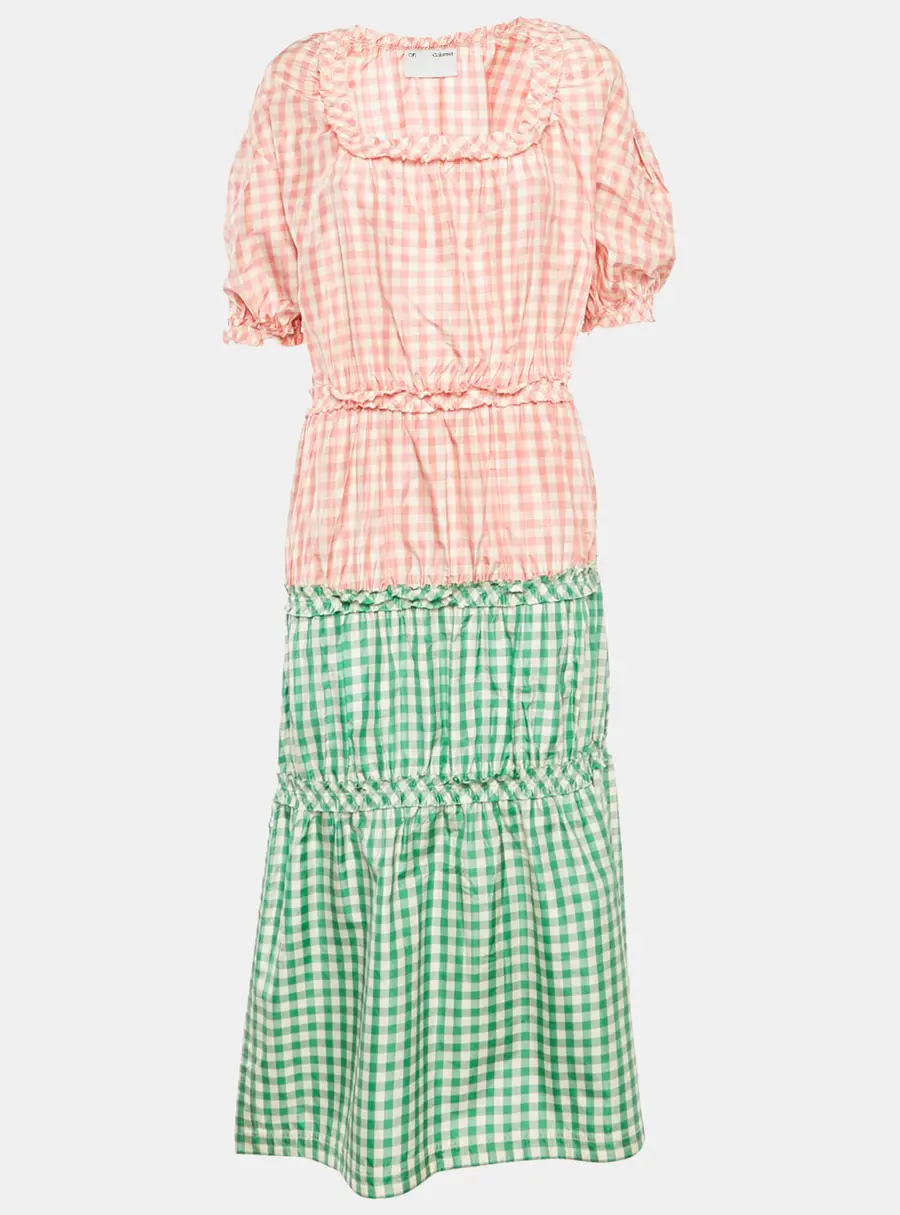 CF. Goldman Pink/Green Checkered Silk Tiered Midi Dress S