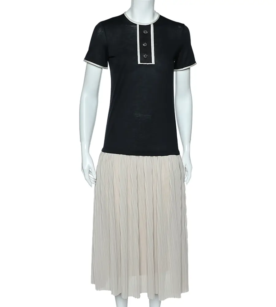 CH Carolina Herrera Black & Beige Cotton & Silk Plisse Detail Midi Dress XS