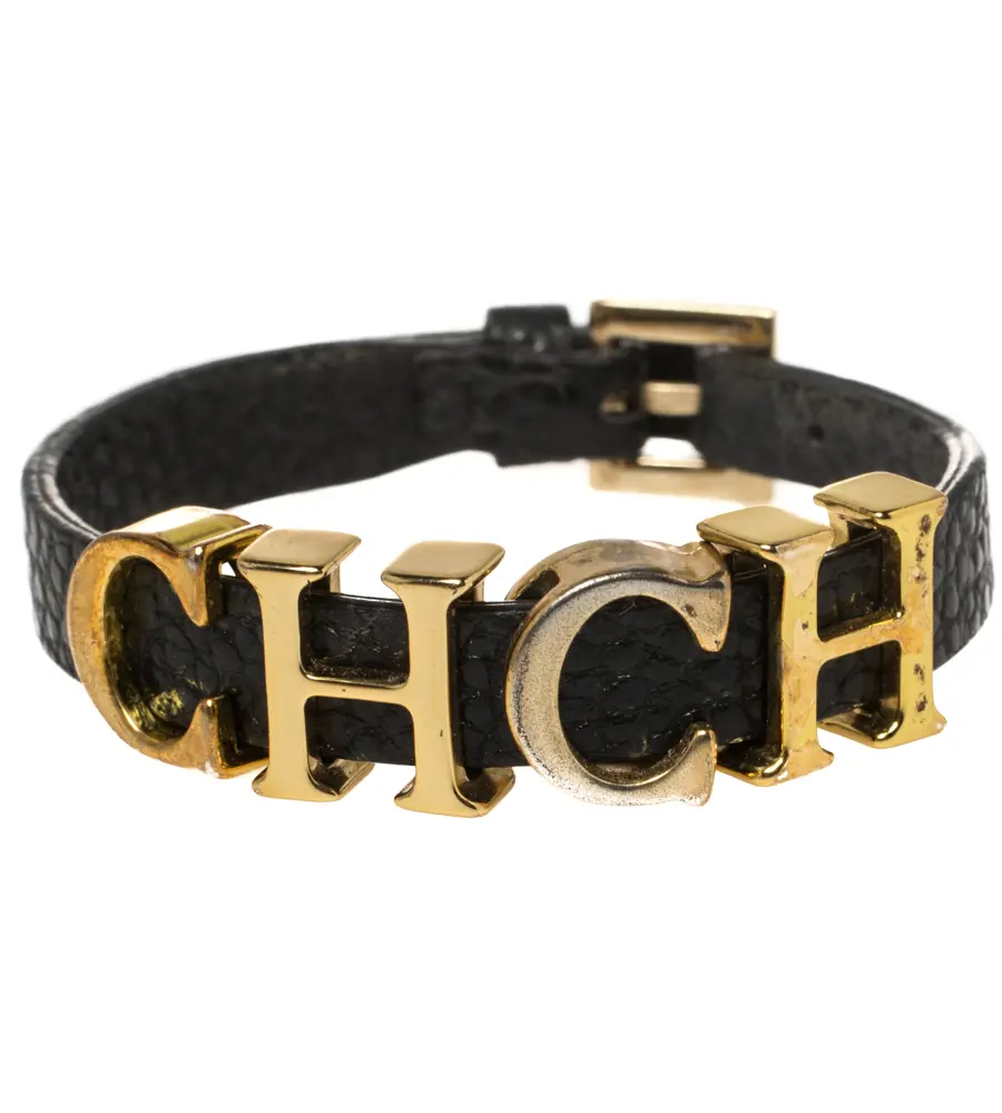Carolina Herrera Black Leather Gold Tone Adriana Bracelet