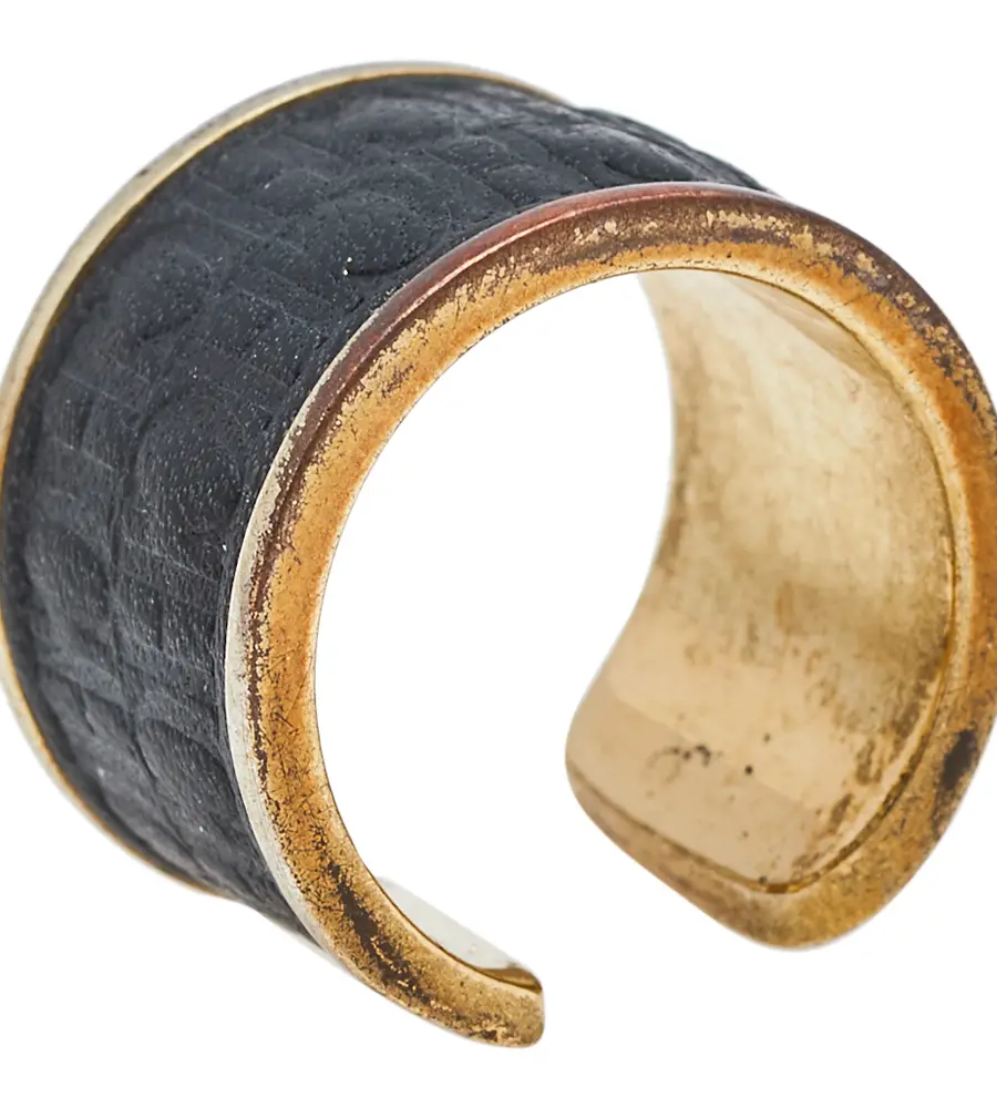 CH Carolina Herrera Black Leather Gold Tone Open Ring Size 52.5