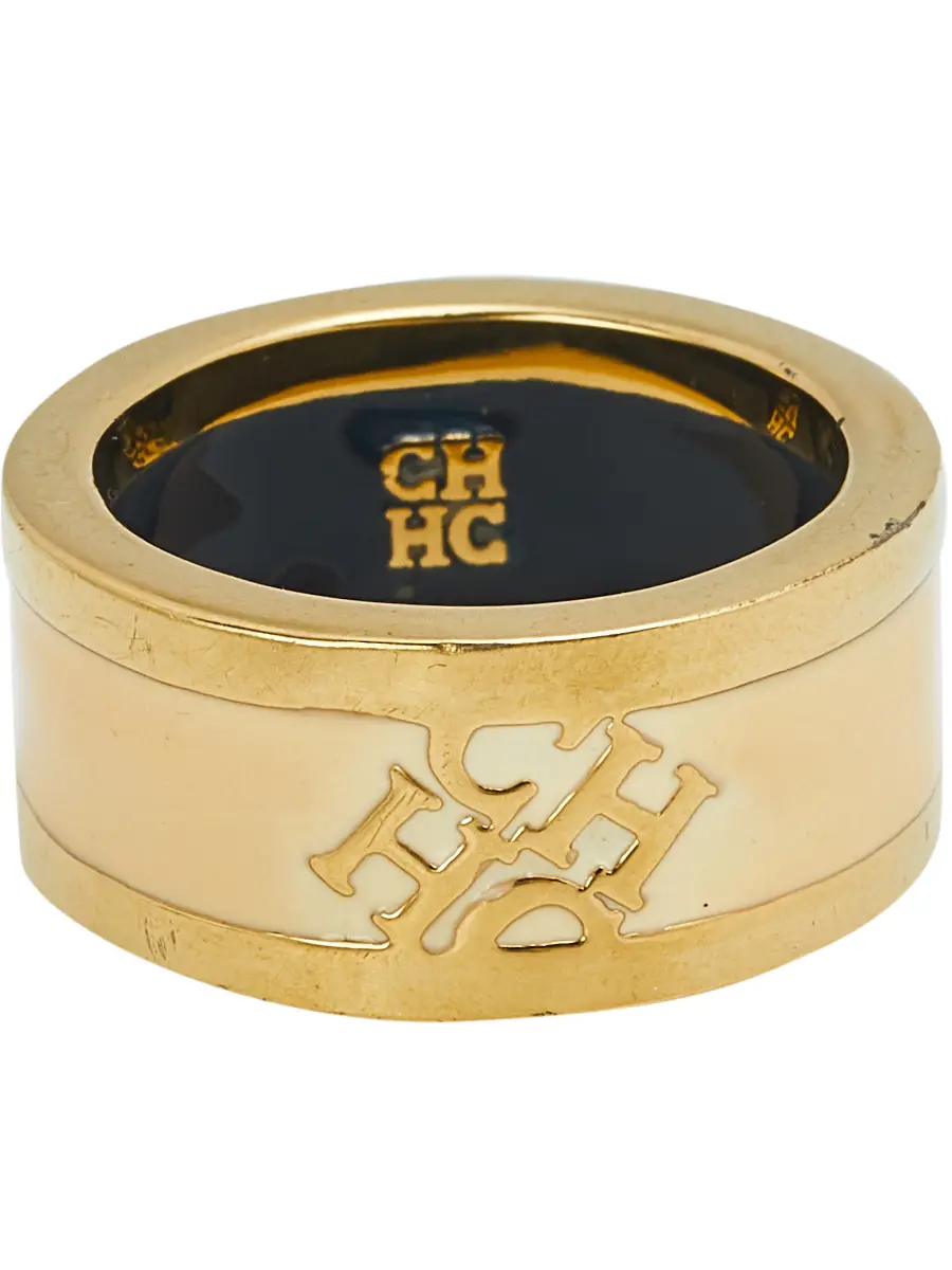 CH Carolina Herrera Cream Enamel Gold Tone Band Ring Size EU 55