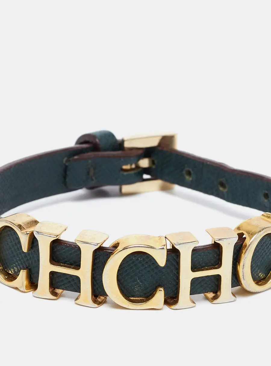 CH Carolina Herrera Forest Green Leather Logo Charms Wrap Bracelet
