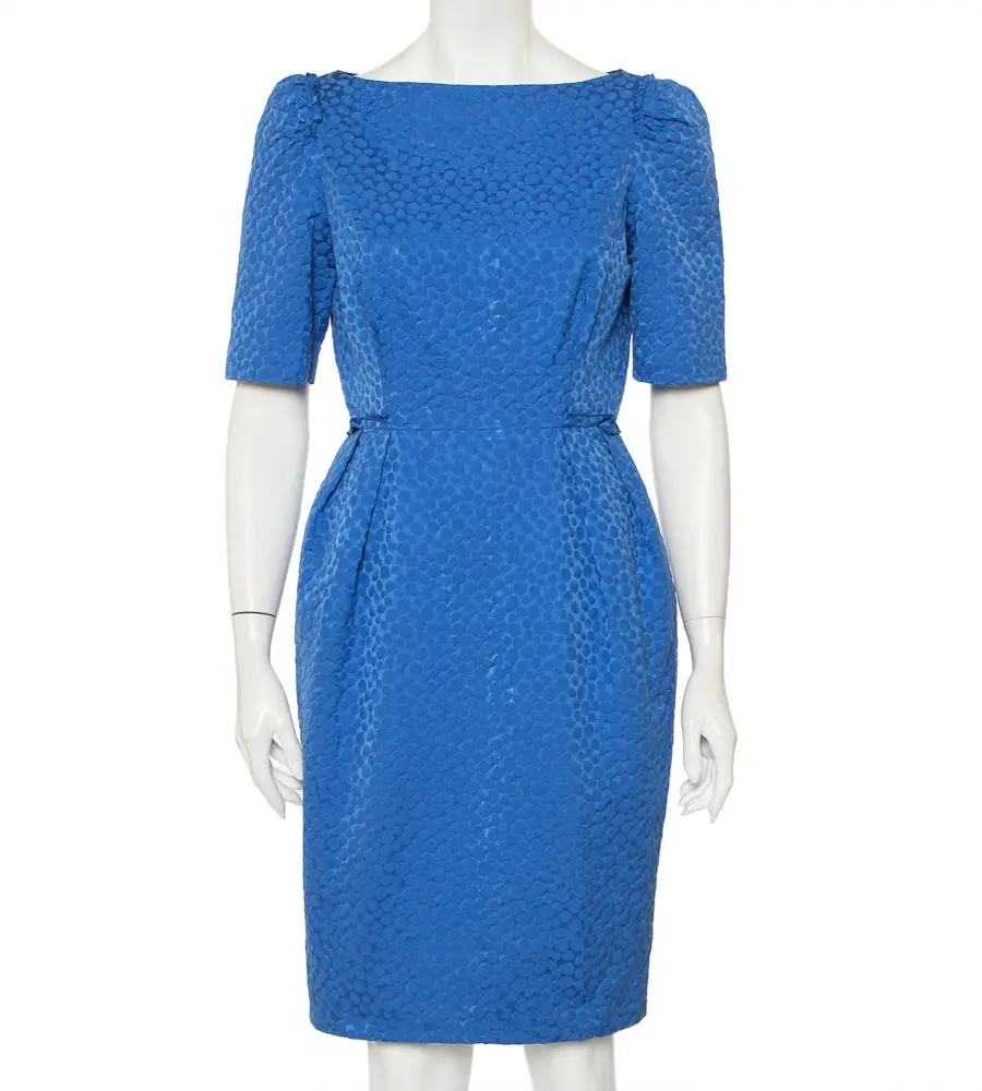 CH Carolina Herrera Blue Embossed Cotton Sheath Dress M