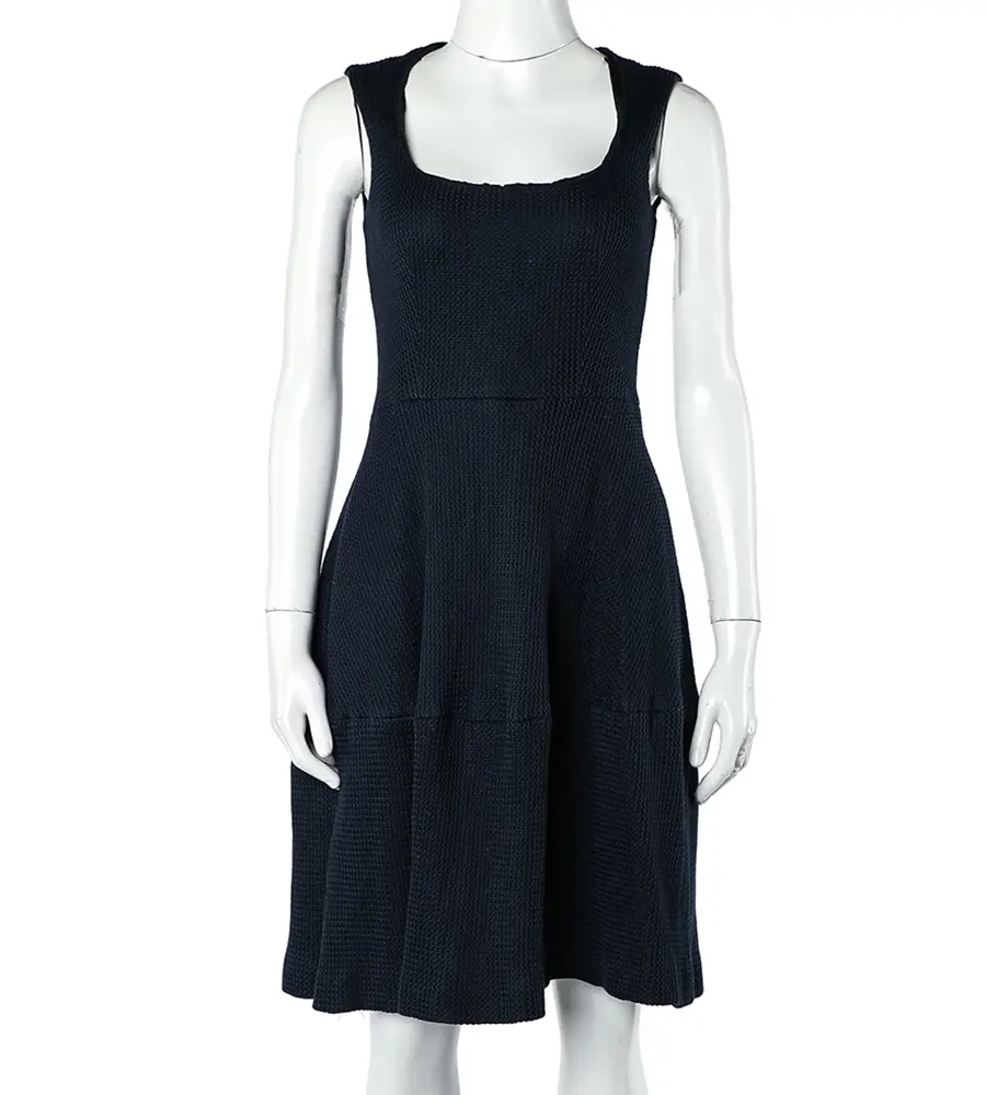 CH Carolina Herrera Navy Blue Textured Cotton Flared Dress S