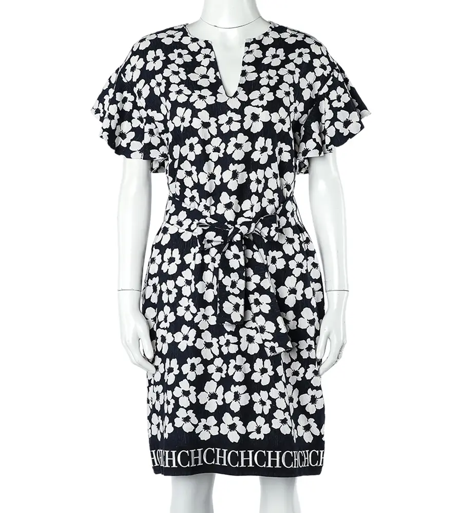 CH Carolina Herrera Navy Blue Floral Print Silk & Linen Belted Dress S