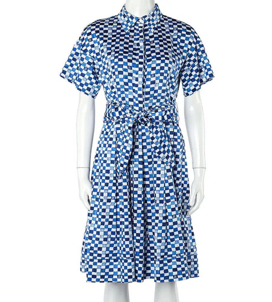 CH Carolina Herrera Blue Logo Grid Print Cotton Belted Dress S