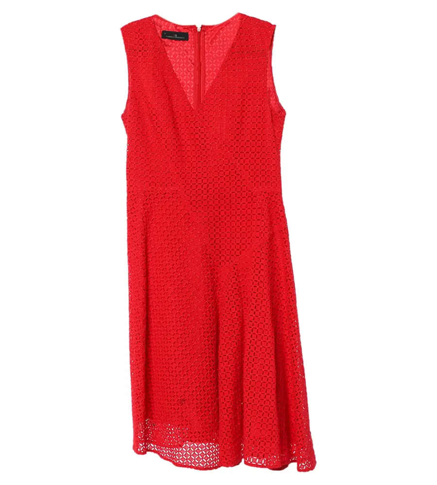 CH Carolina Herrera Red Lace Flared V-Neck Dress M