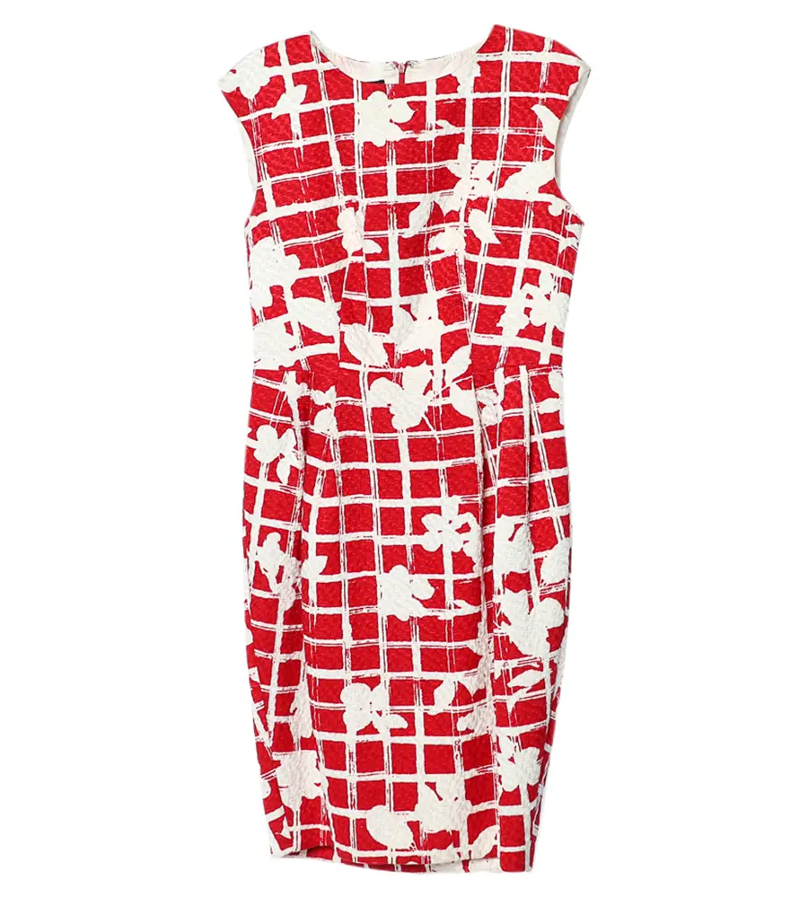 CH Carolina Herrera Red Floral Grid Printed Sheath Dress M
