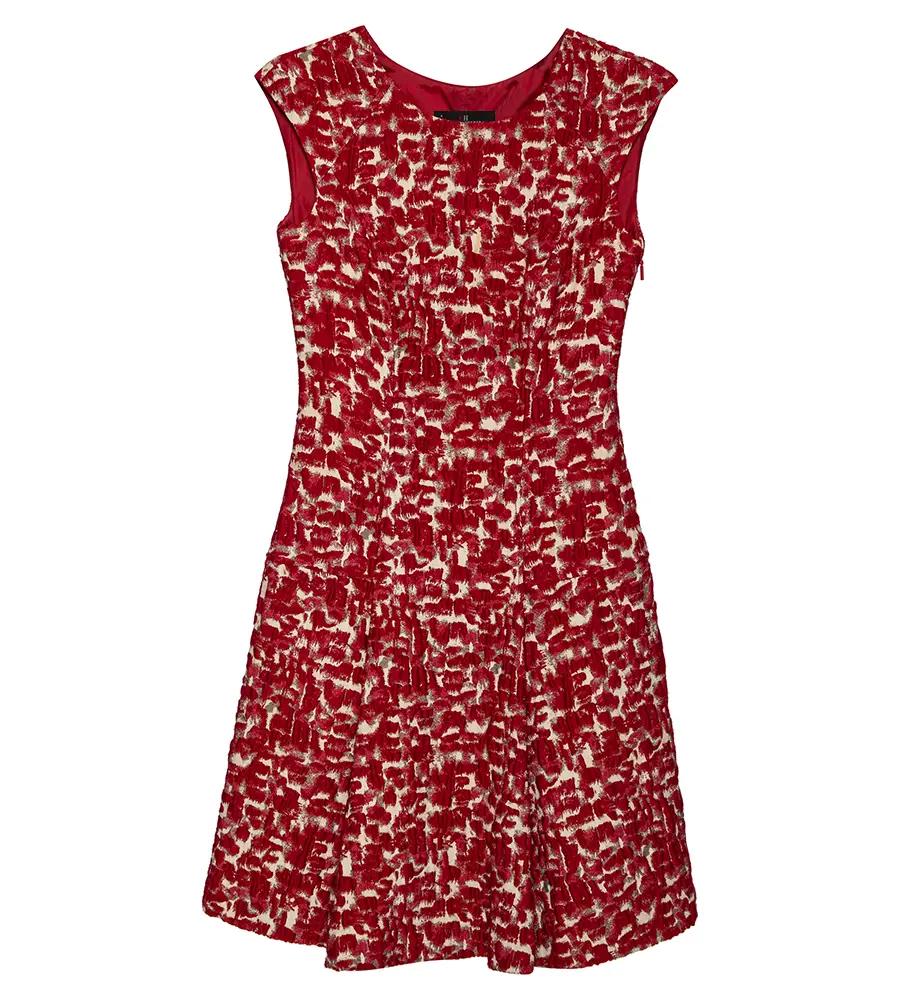 CH Carolina Herrera Red Wool Jacquard Paneled Pleated Dress S