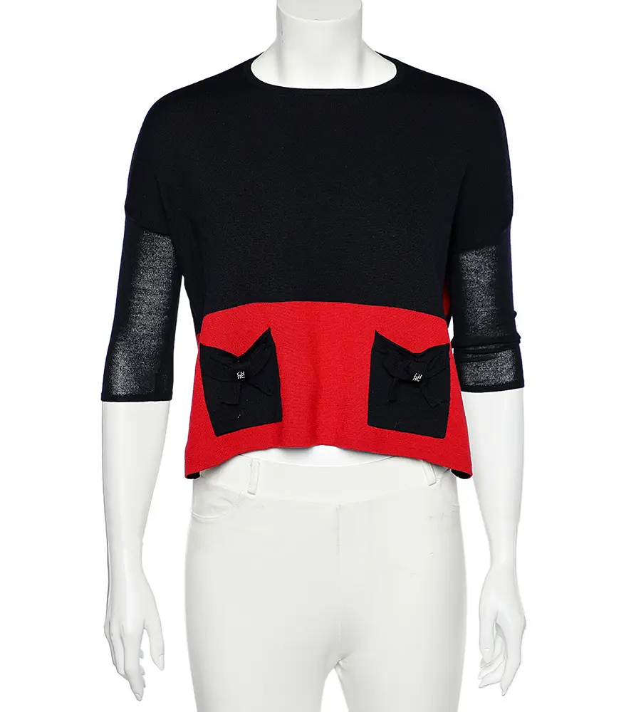 CH Carolina Herrera Color Block Wool Knit Side Slit Detail Sweater Top M