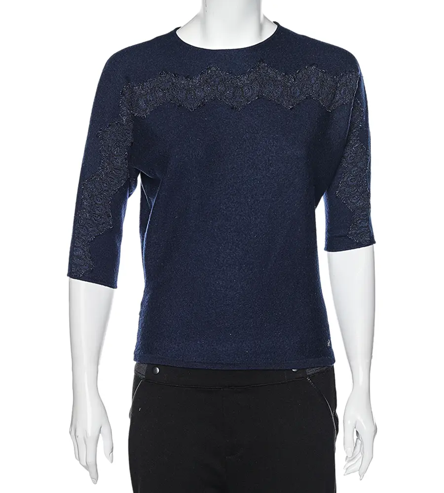 CH Carolina Herrera Navy Blue Wool & Lace Trim Detailed Jumper S