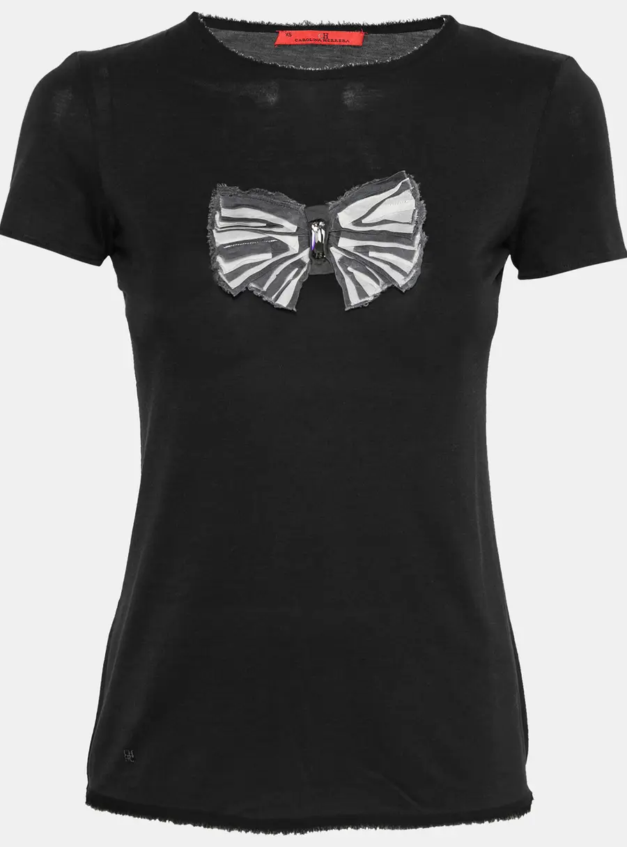 CH Carolina Herrera Black Cotton Bow Applique T-Shirt XS