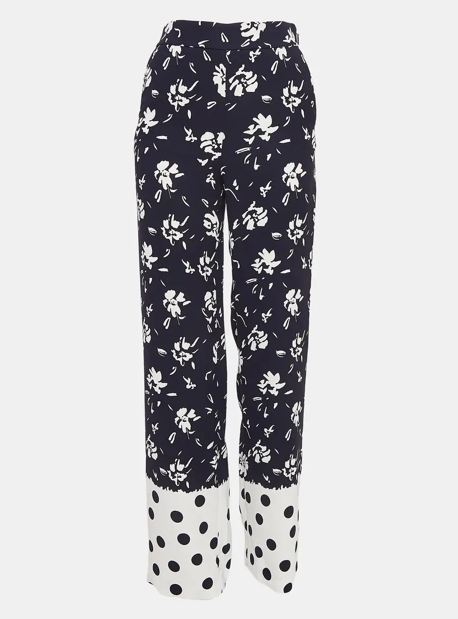 CH Carolina Herrera Blue Floral Printed Crepe Wide-Leg Pants XS