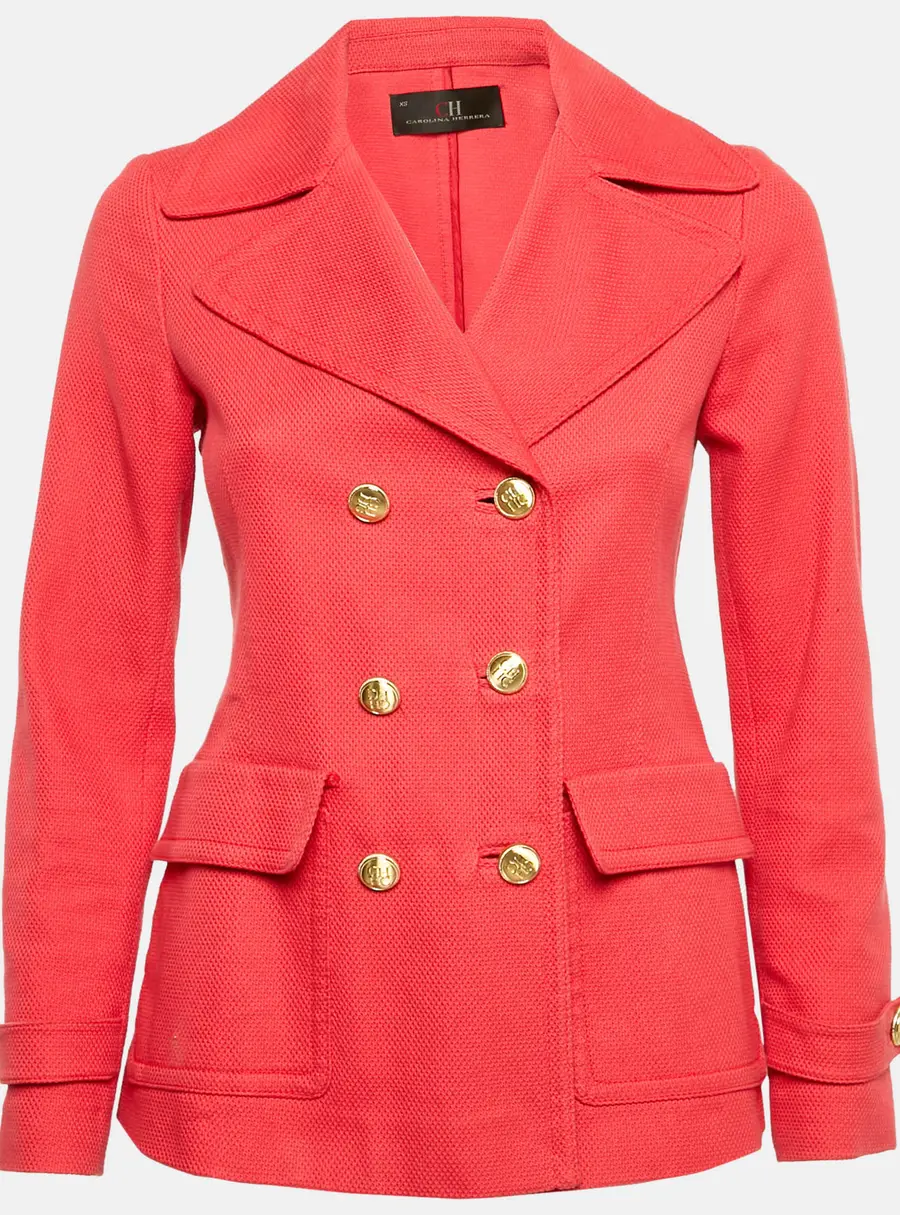 CH Carolina Herrera Red Textured Cotton Double Breasted Coat XS