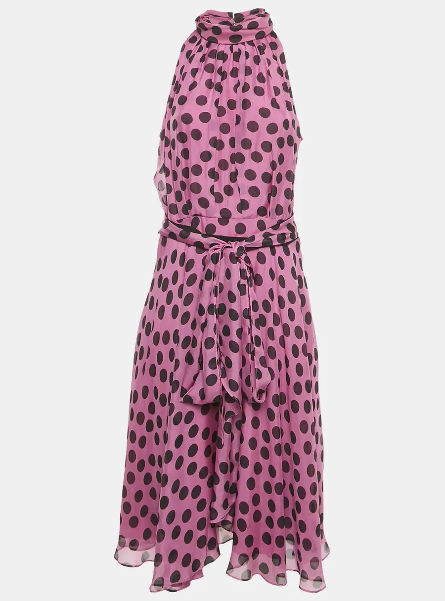 CH Carolina Herrera Purple Polka Dots Silk Tiered Midi Dress L