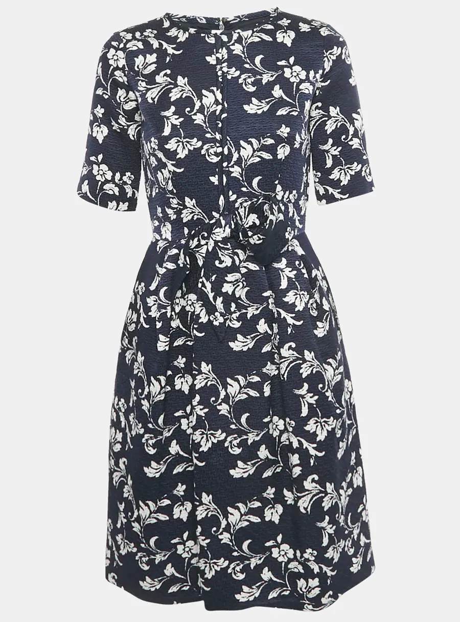 CH Carolina Herrera Navy Blue Floral Print Jacquard Bow Detail Short Dress S
