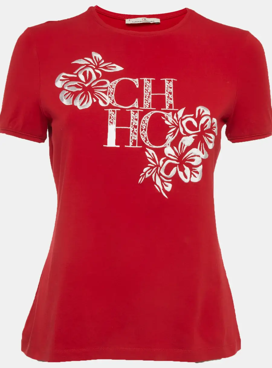 CH Carolina Herrera Red Jersey Logo Embroidered T-Shirt S