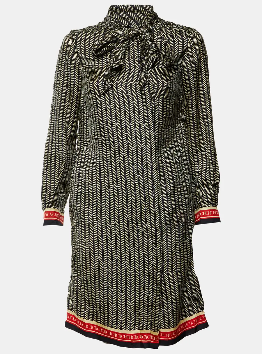 CH Carolina Herrera Black Herringbone Print Silk Shirt Dress S